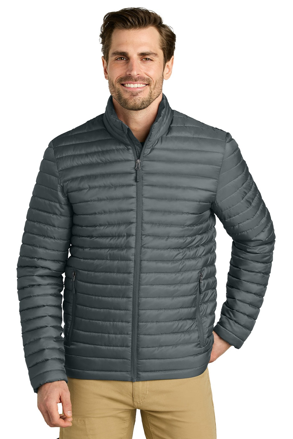 Eddie Bauer EB514 Mens Packable Quilted Water Resistant Full Zip Jacket Metal Grey Model Front