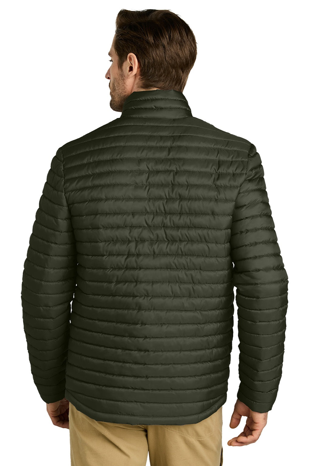 Eddie Bauer EB514 Mens Packable Quilted Water Resistant Full Zip Jacket Olive Green Model Back