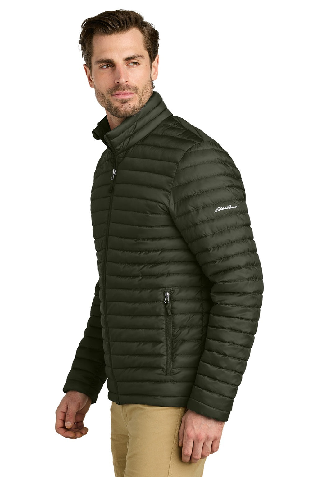 Eddie Bauer EB514 Mens Packable Quilted Water Resistant Full Zip Jacket Olive Green Model Side