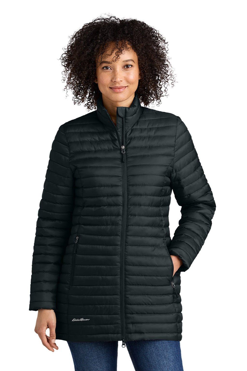 Eddie Bauer EB515 Womens Packable Quilted Water Resistant Full Zip Jacket Black Model Front