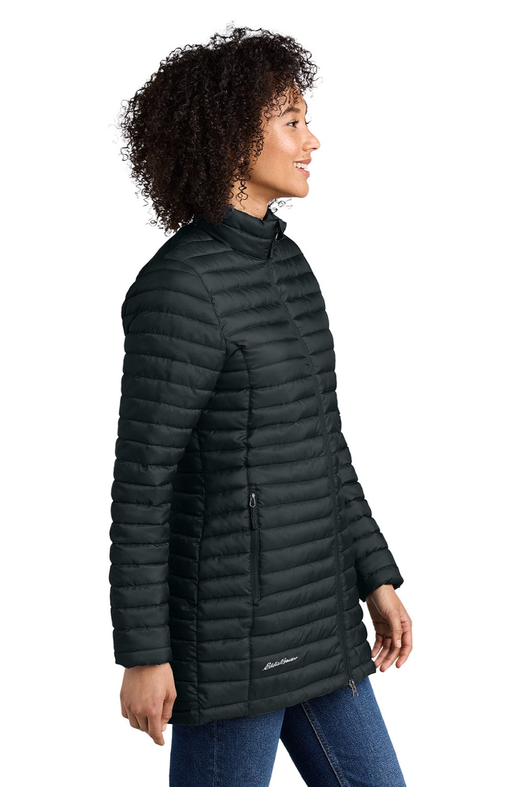 Eddie Bauer EB515 Womens Packable Quilted Water Resistant Full Zip Jacket Black Model Side