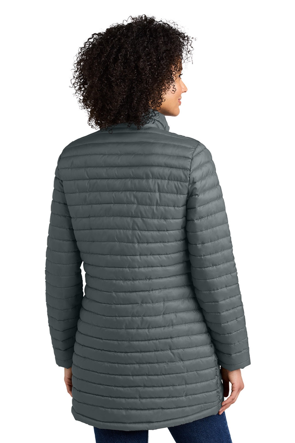 Eddie Bauer EB515 Womens Packable Quilted Water Resistant Full Zip Jacket Metal Grey Model Back