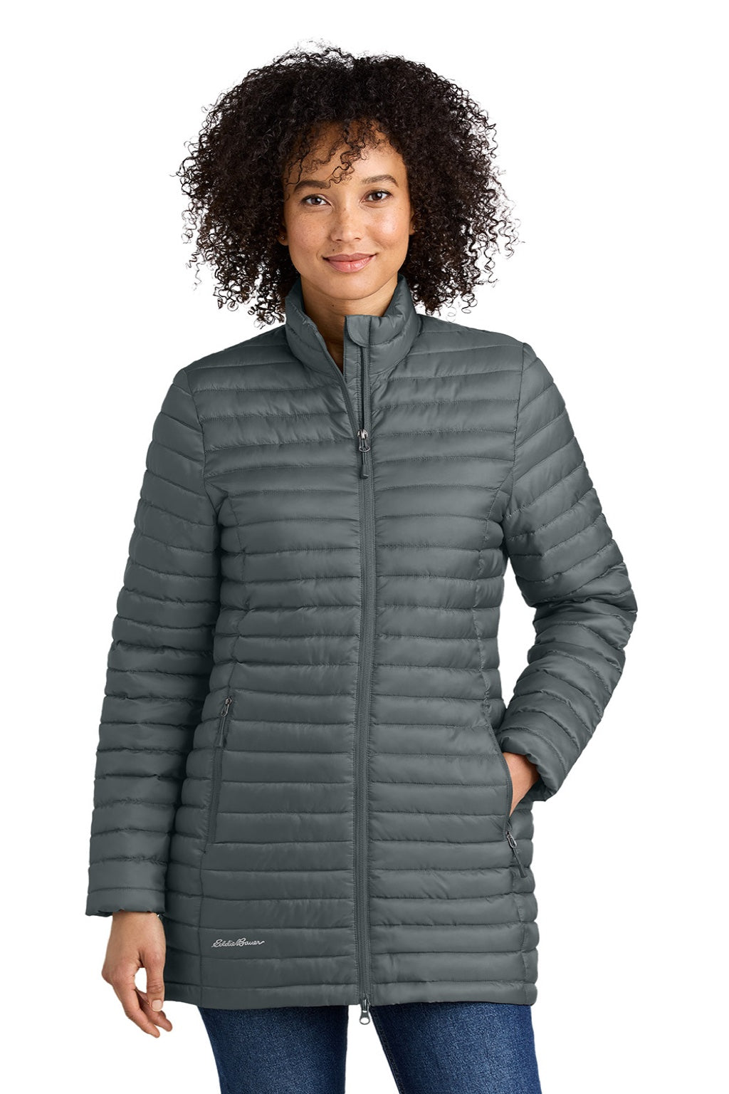 Eddie Bauer EB515 Womens Packable Quilted Water Resistant Full Zip Jacket Metal Grey Model Front