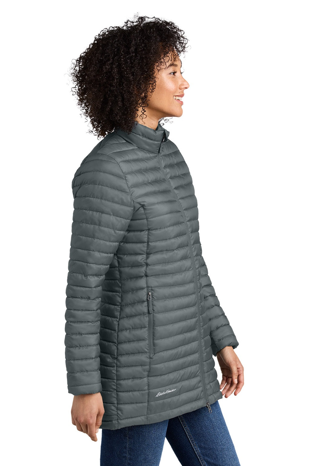 Eddie Bauer EB515 Womens Packable Quilted Water Resistant Full Zip Jacket Metal Grey Model Side