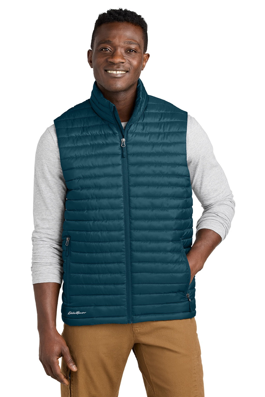 Eddie Bauer EB516 Mens Packable Quilted Water Resistant Full Zip Vest Adriatic Blue Model Front