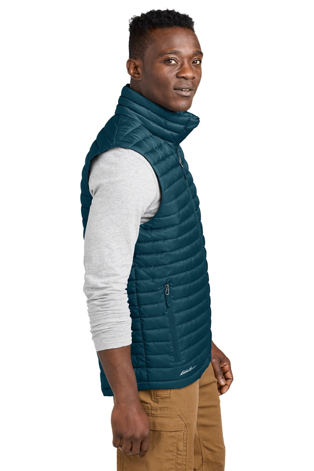 Eddie Bauer EB516 Mens Packable Quilted Water Resistant Full Zip Vest Adriatic Blue Model Side