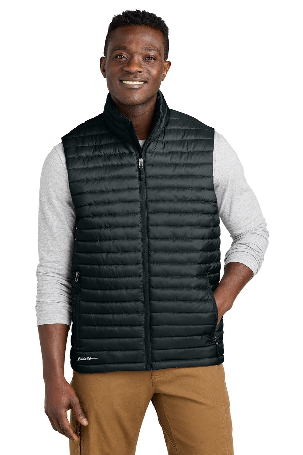 Eddie Bauer EB516 Mens Packable Quilted Water Resistant Full Zip Vest Black Model Front