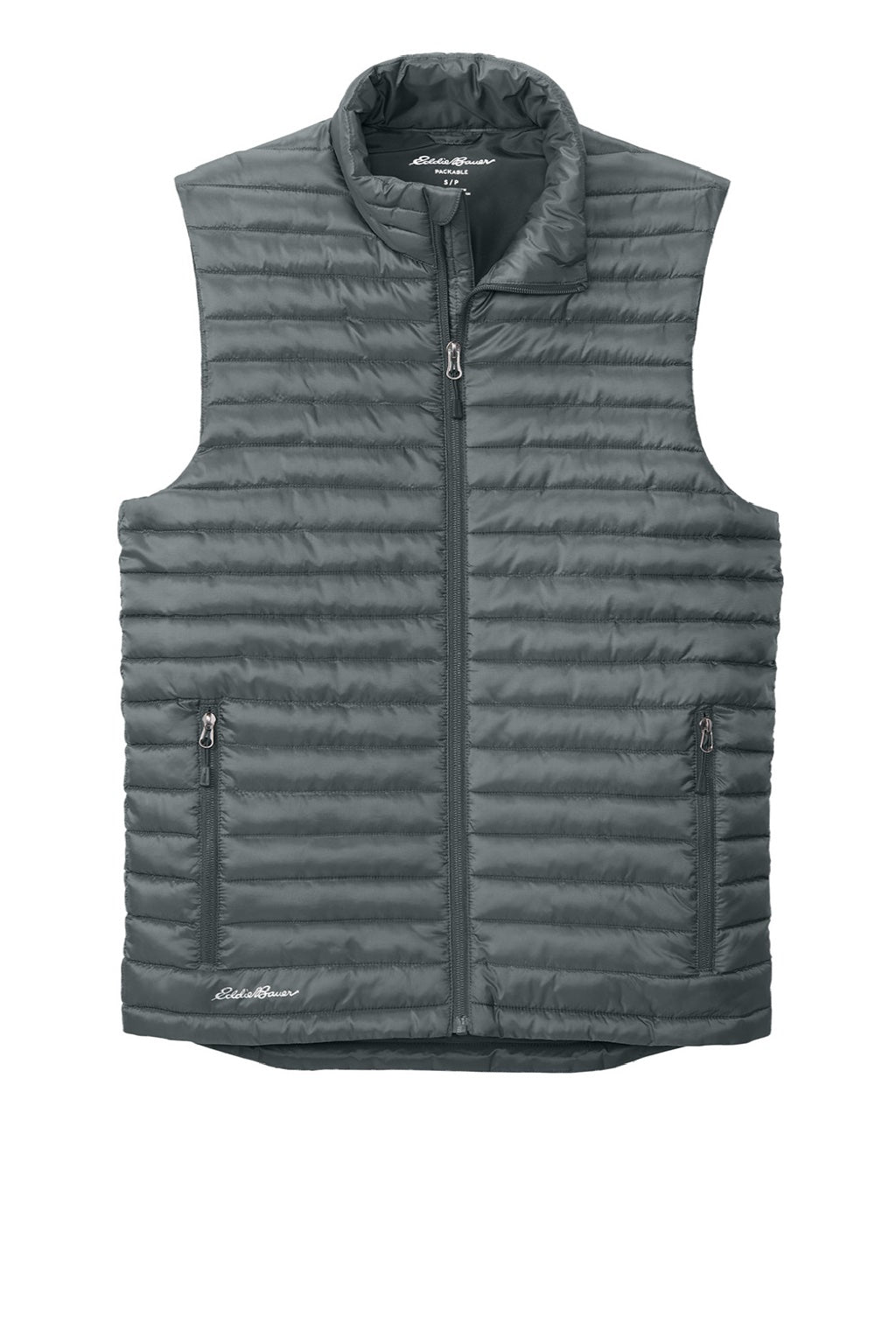 Eddie Bauer EB516 Mens Packable Quilted Water Resistant Full Zip Vest Metal Grey Flat Front