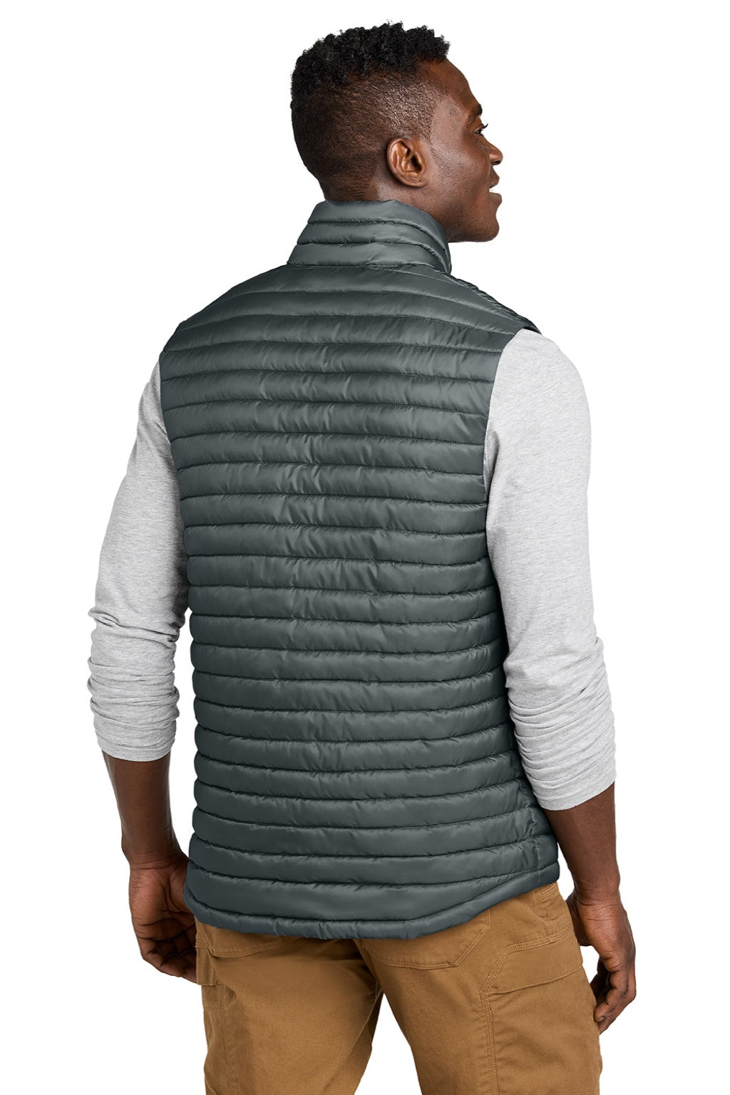 Eddie Bauer EB516 Mens Packable Quilted Water Resistant Full Zip Vest Metal Grey Model Back
