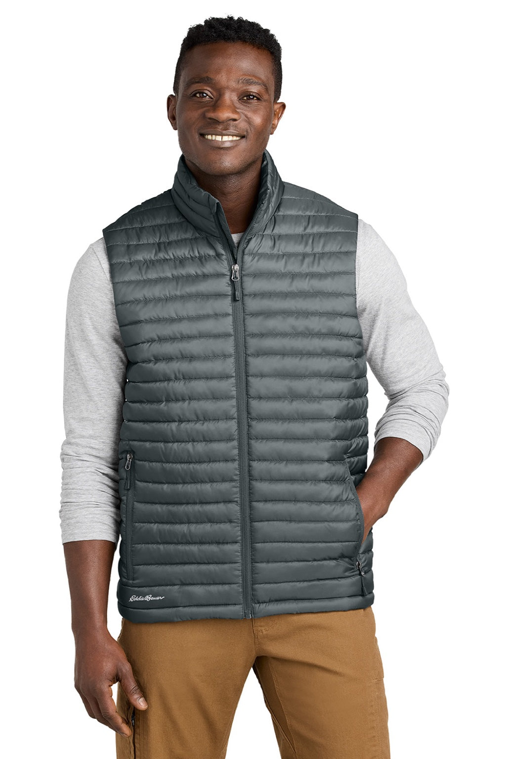 Eddie Bauer EB516 Mens Packable Quilted Water Resistant Full Zip Vest Metal Grey Model Front