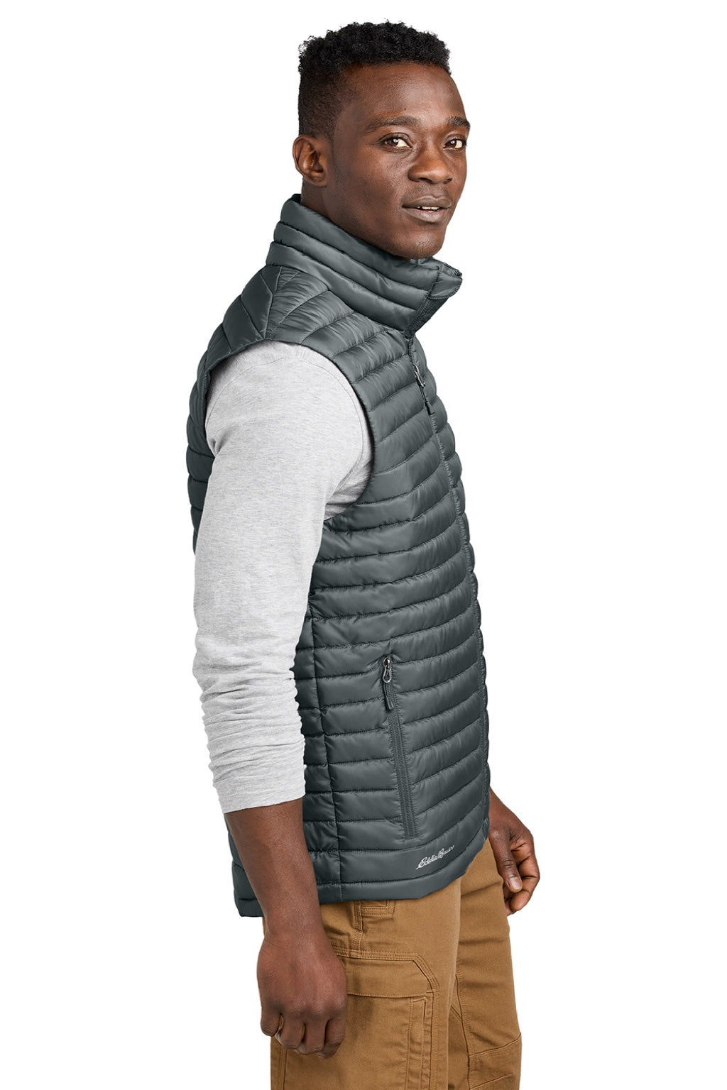 Eddie Bauer EB516 Mens Packable Quilted Water Resistant Full Zip Vest Metal Grey Model Side