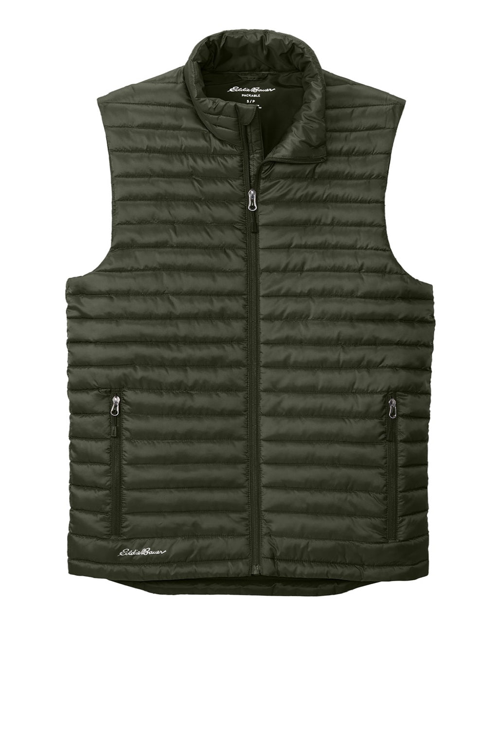 Eddie Bauer EB516 Mens Packable Quilted Water Resistant Full Zip Vest Olive Green Flat Front