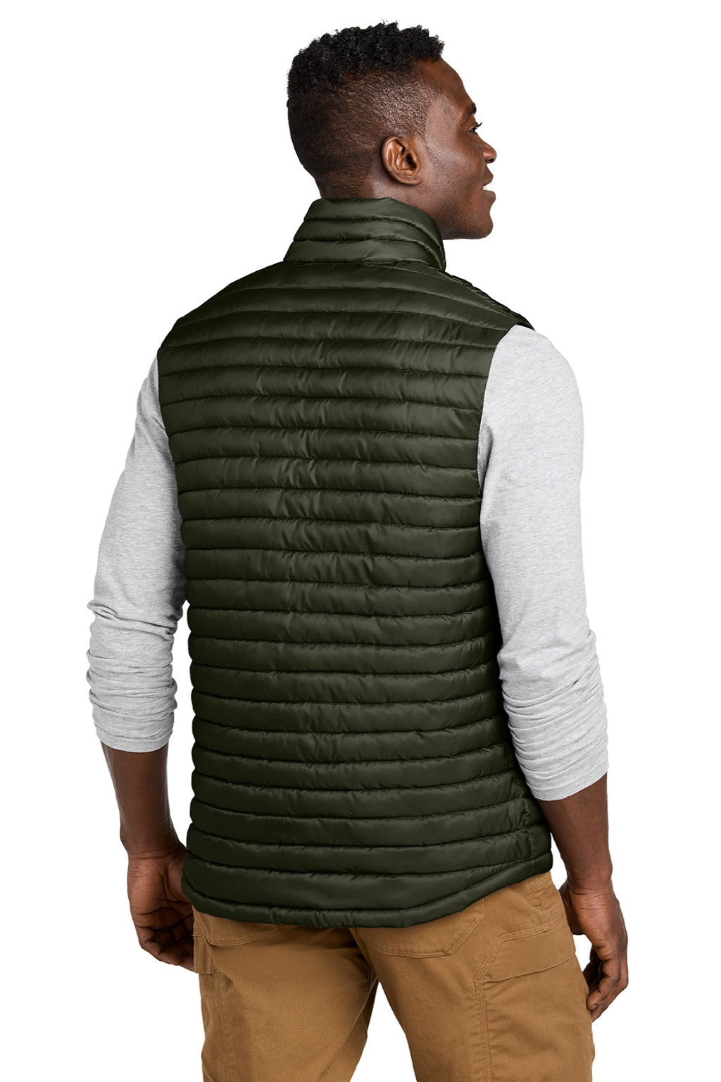 Eddie Bauer EB516 Mens Packable Quilted Water Resistant Full Zip Vest Olive Green Model Back