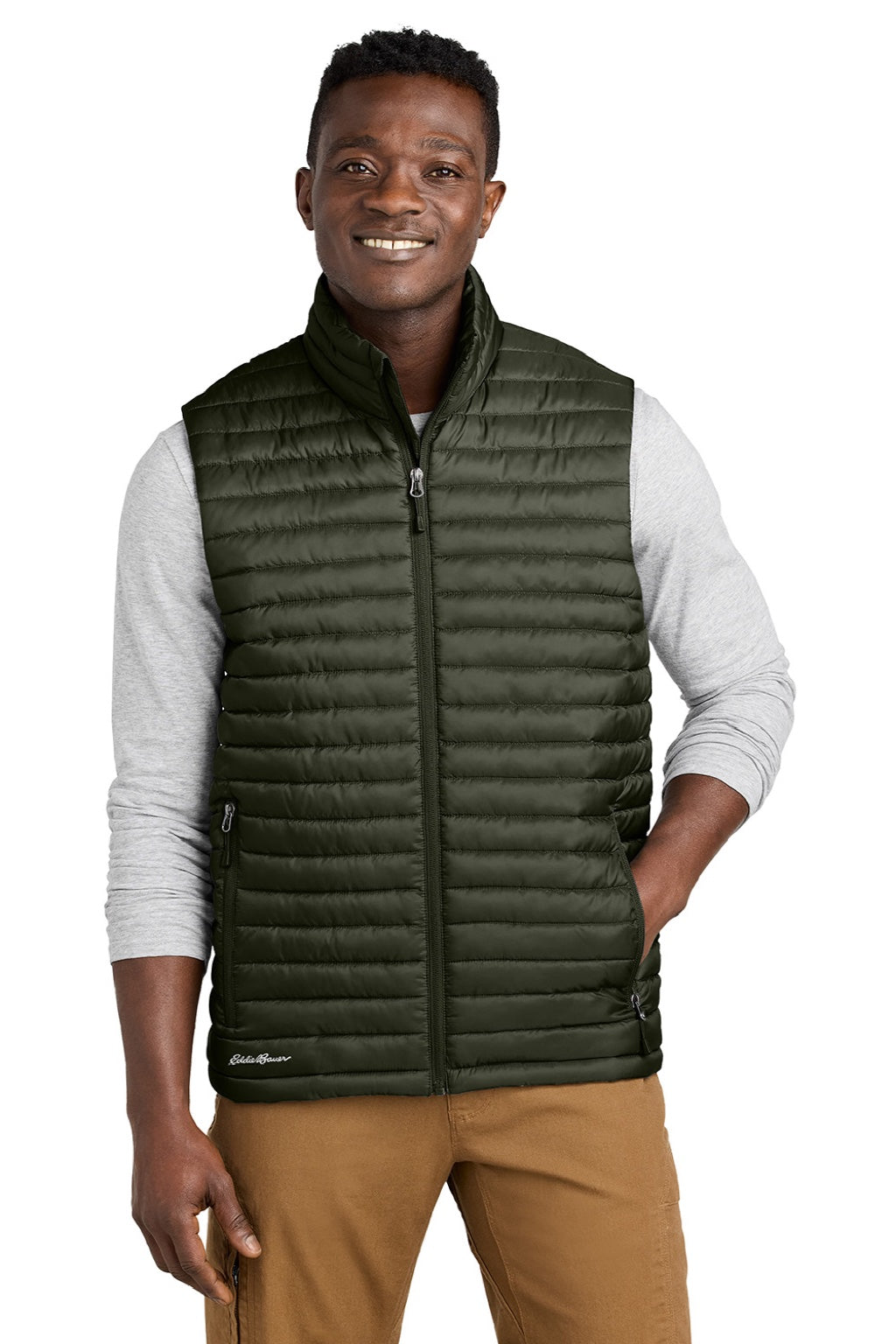 Eddie Bauer EB516 Mens Packable Quilted Water Resistant Full Zip Vest Olive Green Model Front