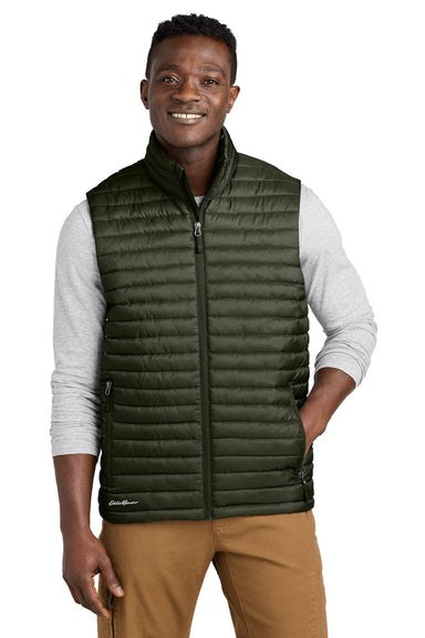 Eddie Bauer EB516 Mens Packable Quilted Water Resistant Full Zip Vest Olive Green Model Front