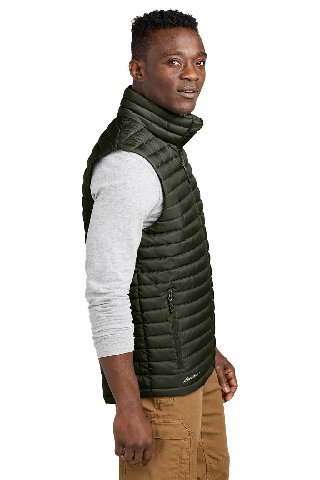 Eddie Bauer EB516 Mens Packable Quilted Water Resistant Full Zip Vest Olive Green Model Side
