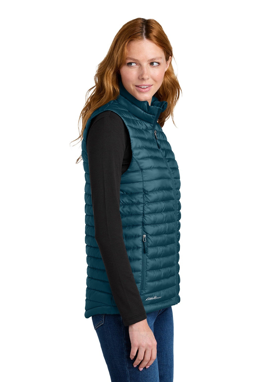 Eddie Bauer EB517 Womens Packable Quilted Water Resistant Full Zip Vest Adriatic Blue Model Side