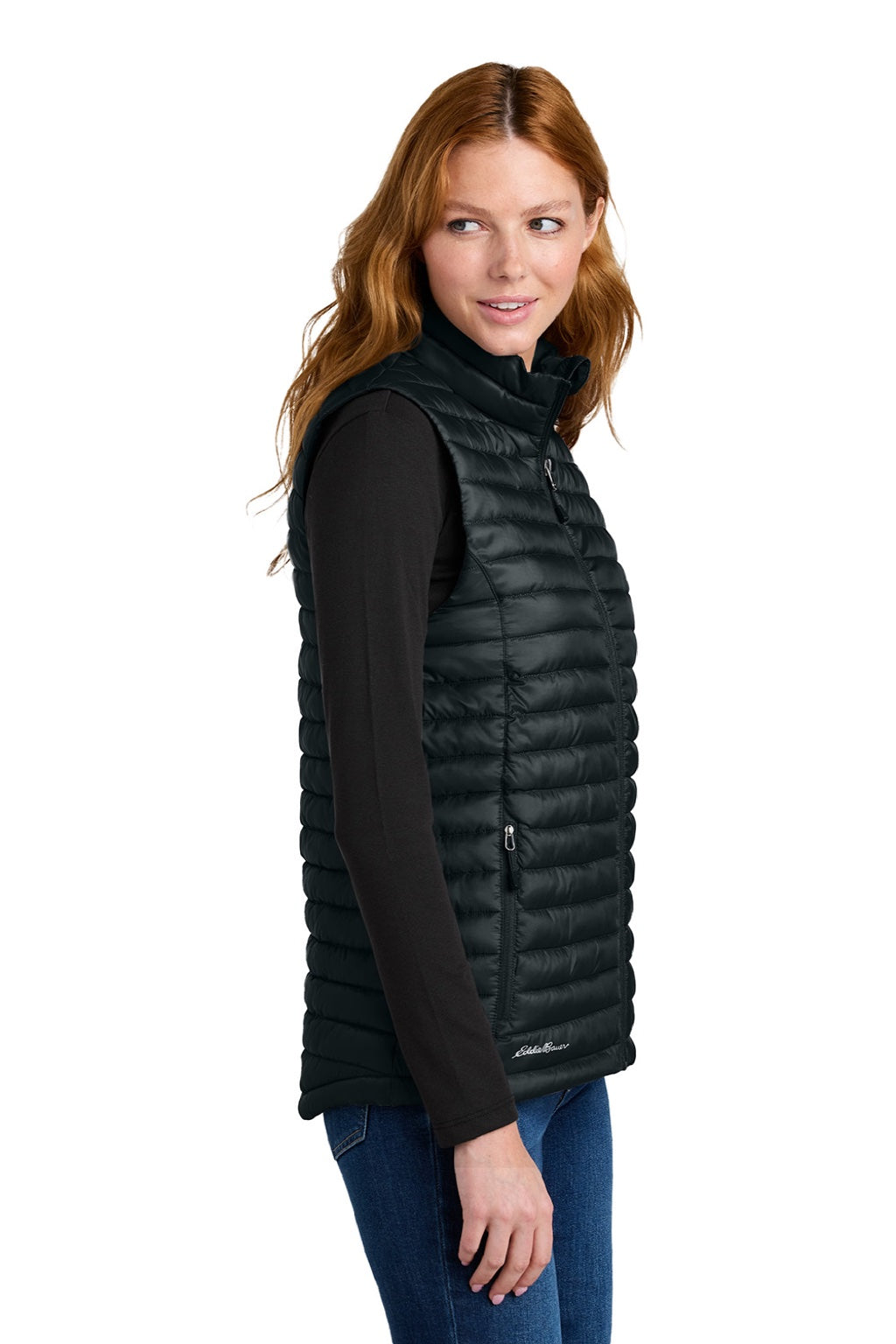 Eddie Bauer EB517 Womens Packable Quilted Water Resistant Full Zip Vest Black Model Side