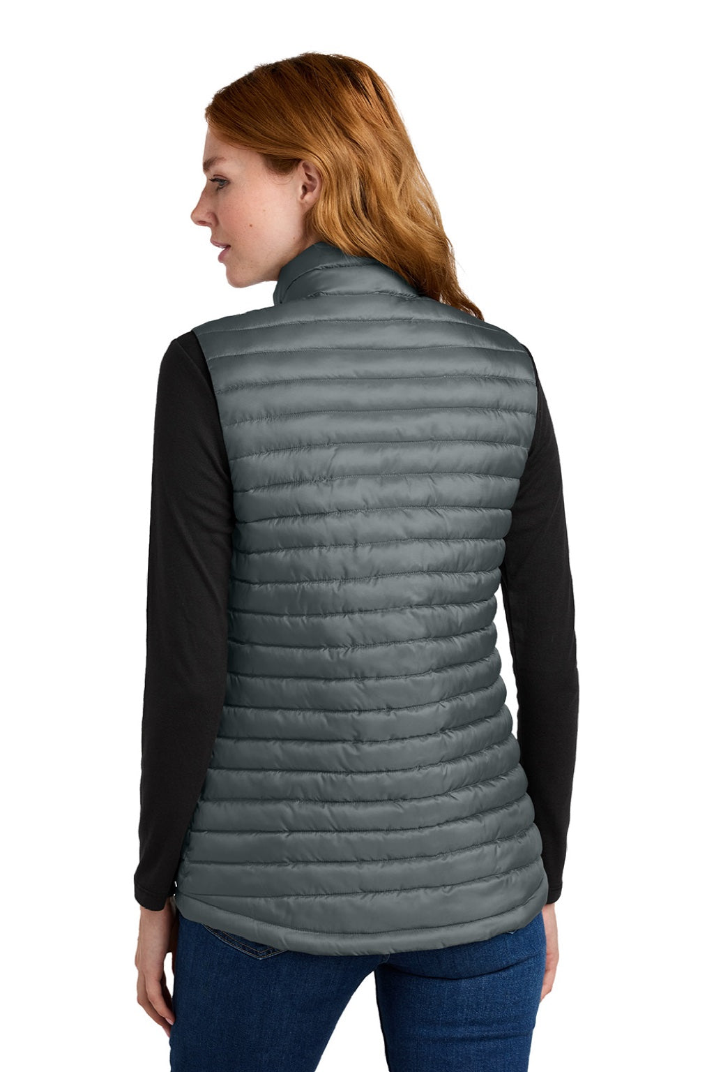 Eddie Bauer EB517 Womens Packable Quilted Water Resistant Full Zip Vest Metal Grey Model Back