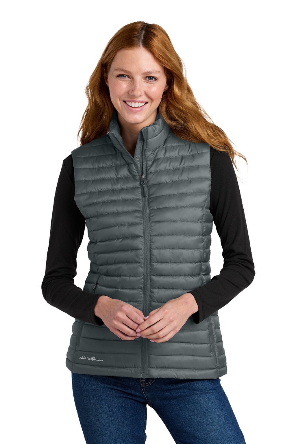 Eddie Bauer EB517 Womens Packable Quilted Water Resistant Full Zip Vest Metal Grey Model Front