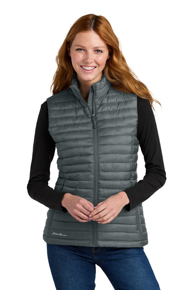 Eddie Bauer EB517 Womens Packable Quilted Water Resistant Full Zip Vest Metal Grey Model Front