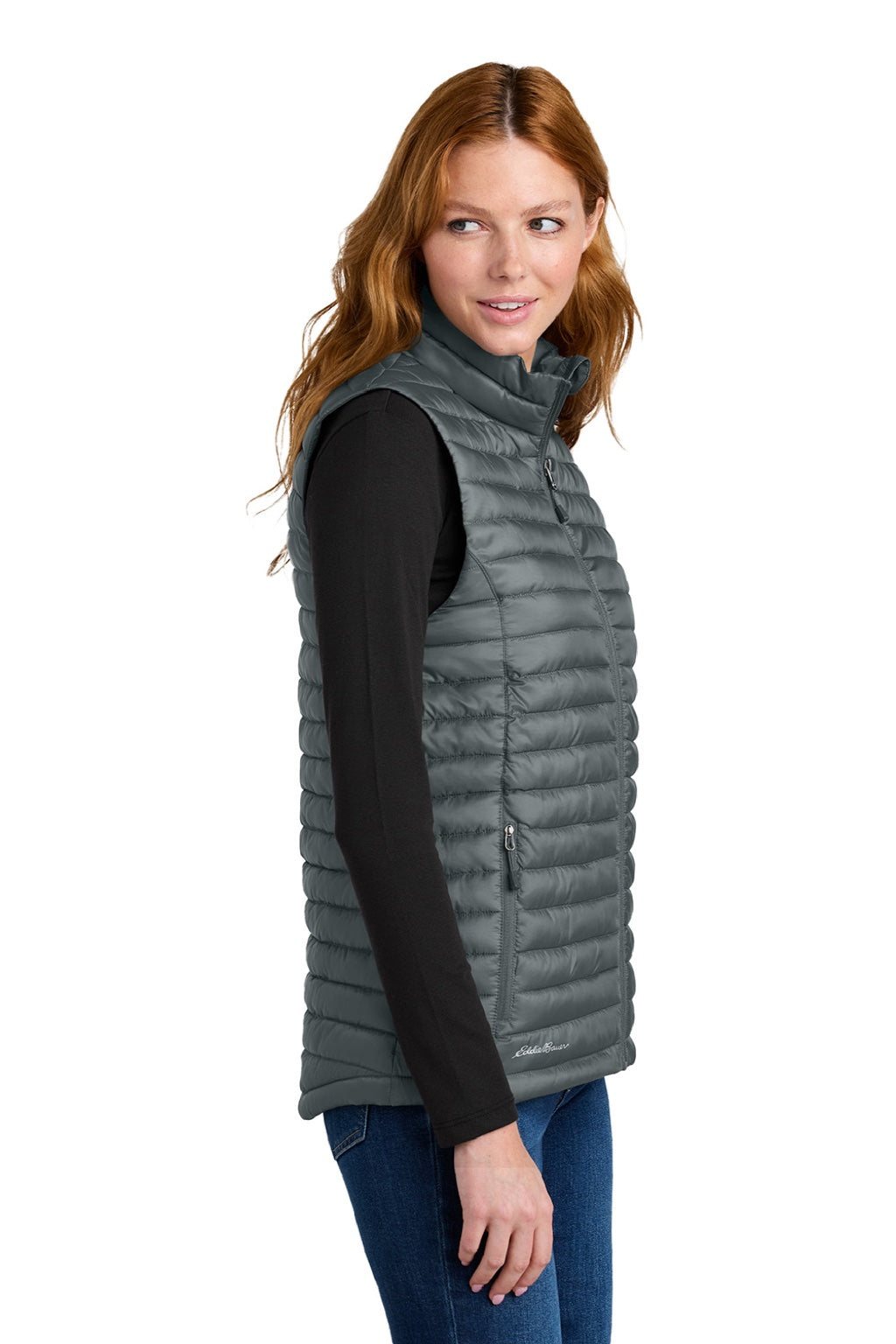 Eddie Bauer EB517 Womens Packable Quilted Water Resistant Full Zip Vest Metal Grey Model Side