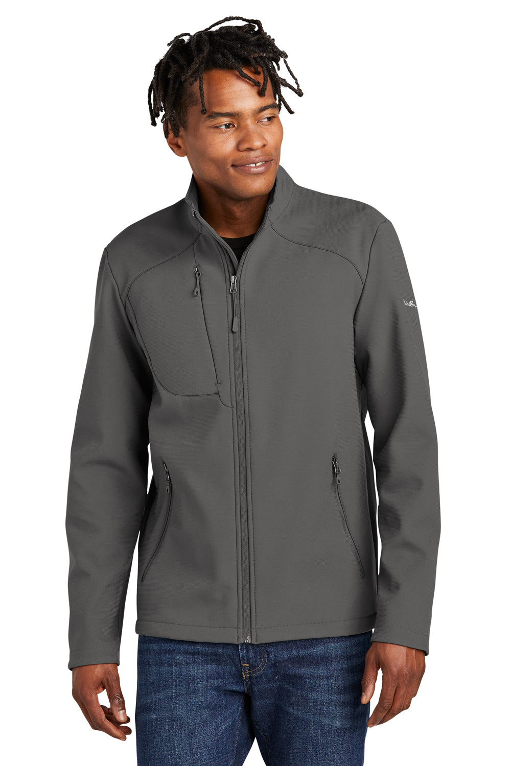Eddie Bauer EB544 Mens Water Resistant Stretch Full Zip Soft Shell Jacket Iron Gate Grey Model Front