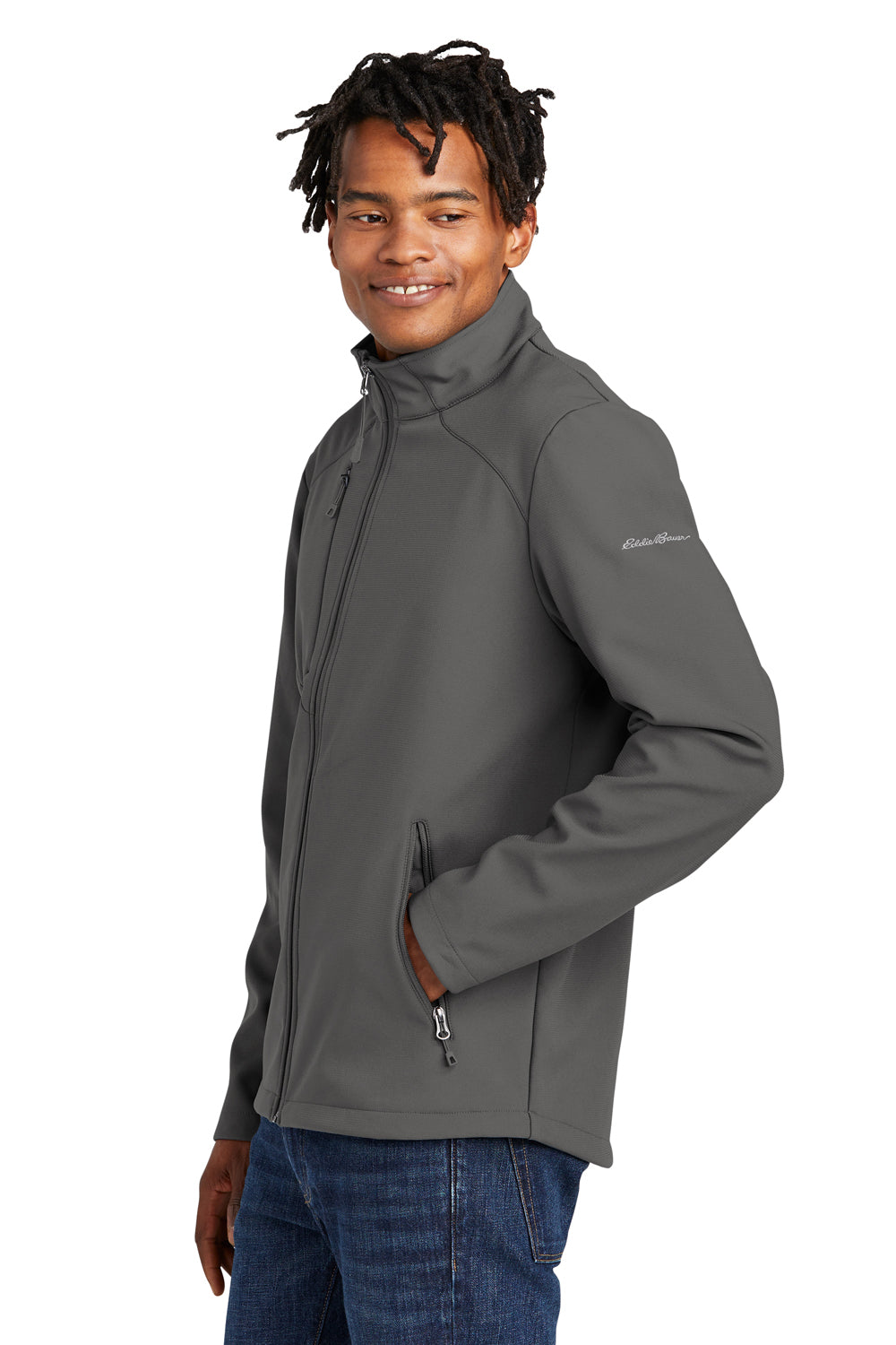 Eddie Bauer EB544 Mens Water Resistant Stretch Full Zip Soft Shell Jacket Iron Gate Grey Model Side