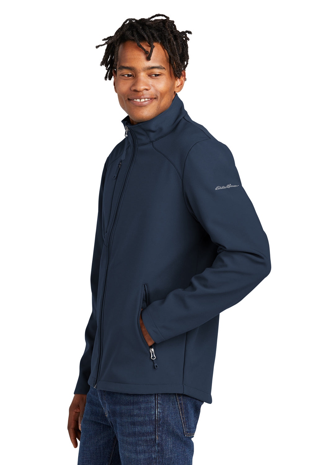Eddie Bauer EB544 Mens Water Resistant Stretch Full Zip Soft Shell Jacket River Navy Blue Model Side