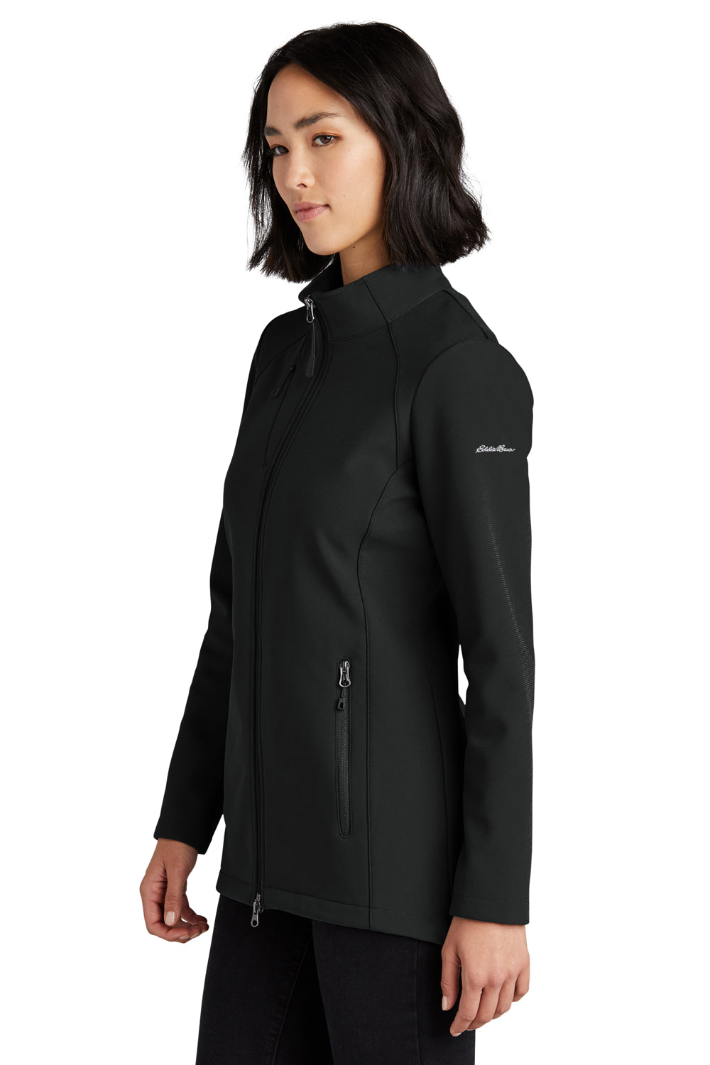 Eddie Bauer EB545 Womens Stretch Water Resistant Full Zip Soft Shell Jacket Deep Black Model Side