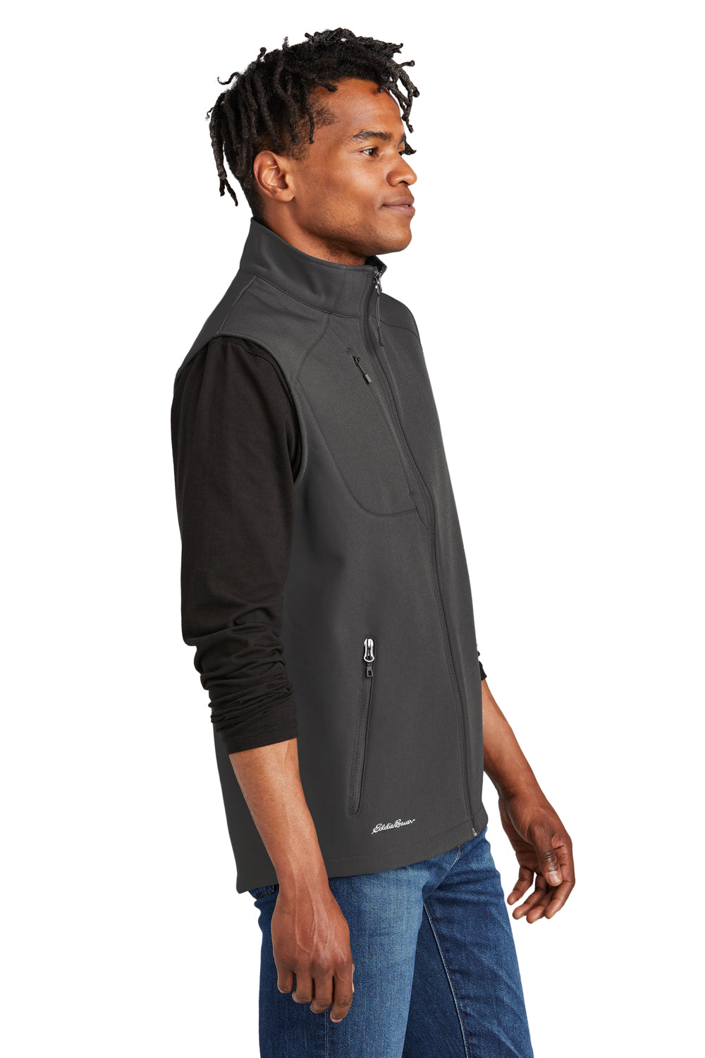 Eddie Bauer EB546 Mens Stretch Soft Shell Full Zip Vest Iron Gate Grey Model Side