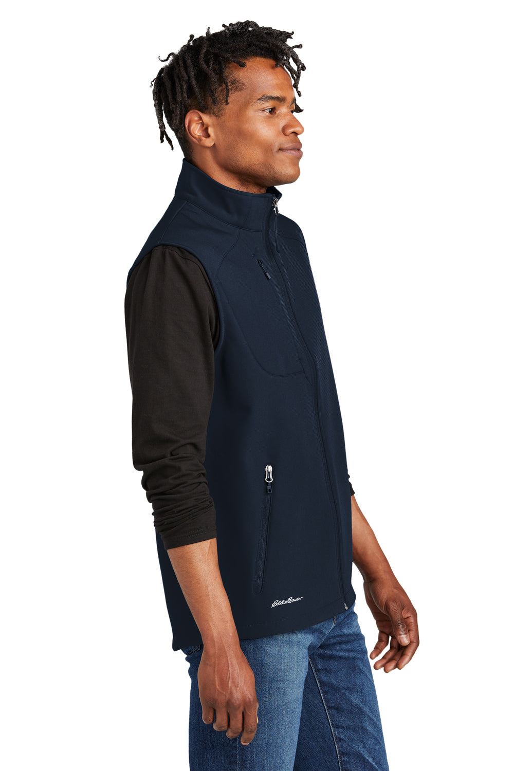 Eddie Bauer EB546 Mens Stretch Soft Shell Full Zip Vest River Navy Blue Model Side