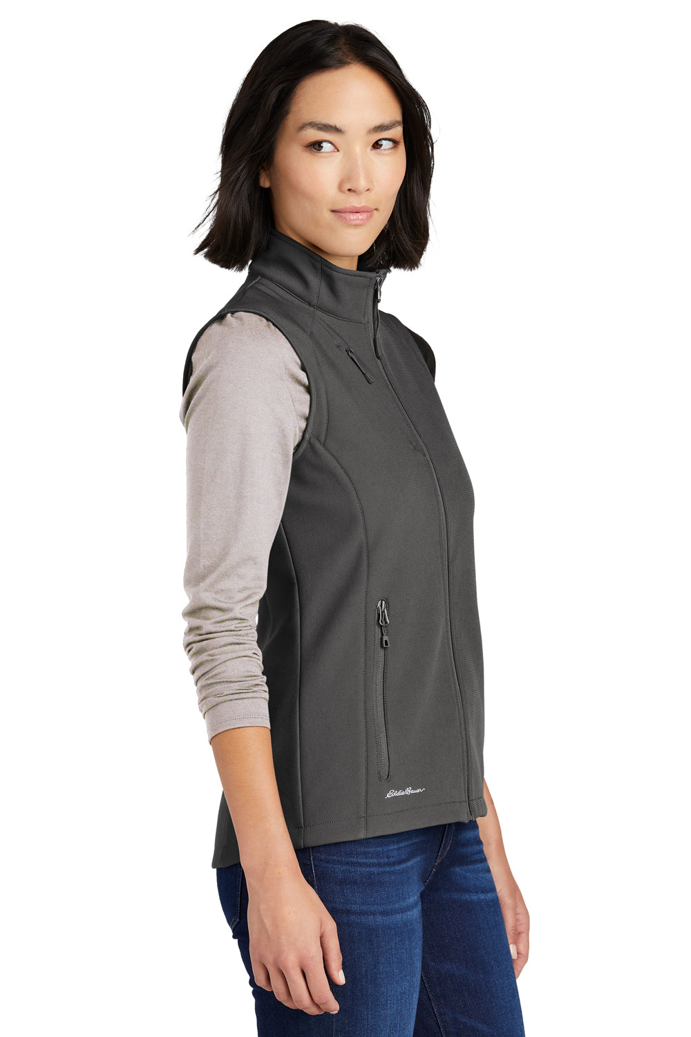 Eddie Bauer EB547 Womens Stretch Soft Shell Full Zip Vest Iron Gate Grey Model Side