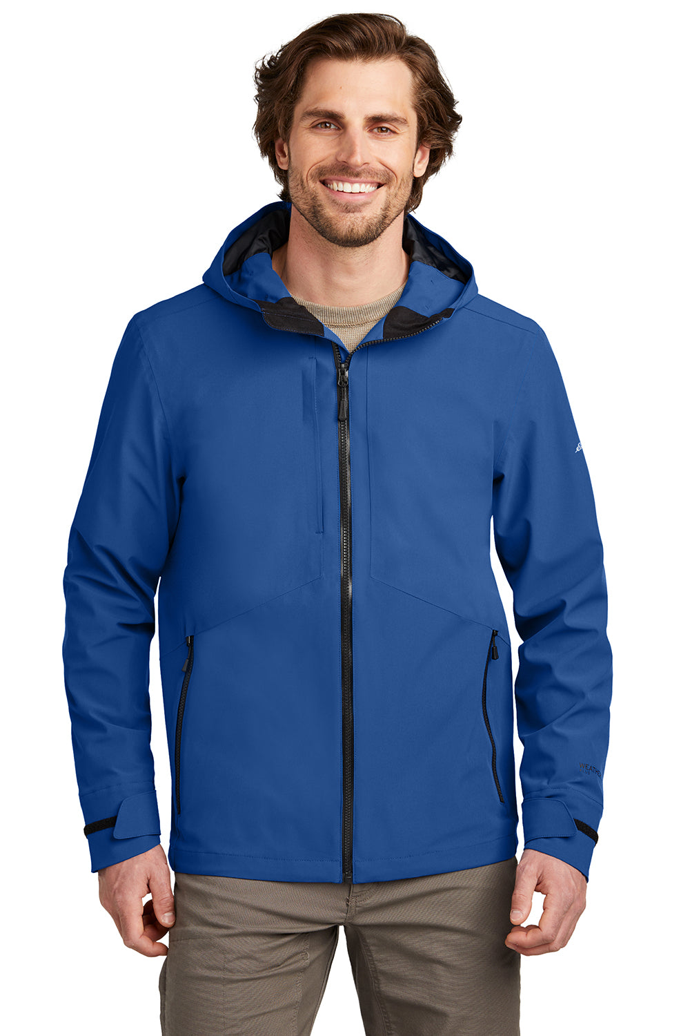 Eddie Bauer EB560 Mens WeatherEdge Plus Waterproof Full Zip Hooded Jacket Cobalt Blue Model Front