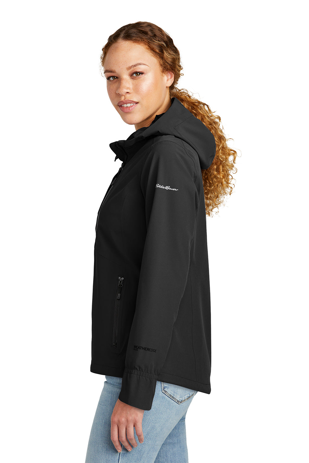 Eddie Bauer EB561 Womens WeatherEdge Plus Waterproof Full Zip Hooded Jacket Deep Black Model Side