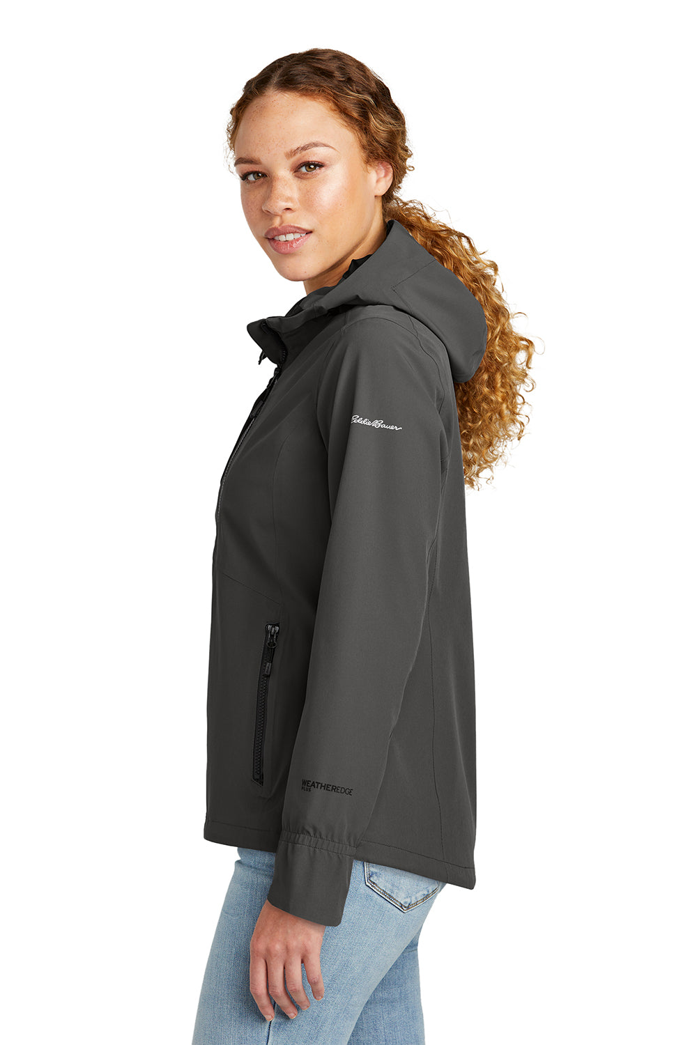 Eddie Bauer EB561 Womens WeatherEdge Plus Waterproof Full Zip Hooded Jacket Iron Gate Grey Model Side