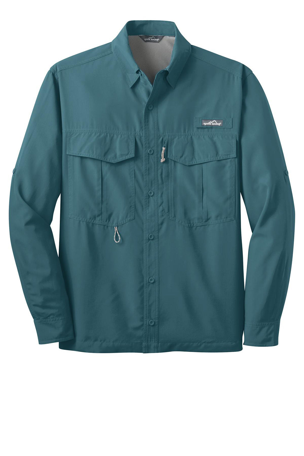 Eddie Bauer EB600 Mens Performance Fishing Moisture Wicking Long Sleeve Button Down Shirt w/ Double Pockets Gulf Teal Blue Flat Front