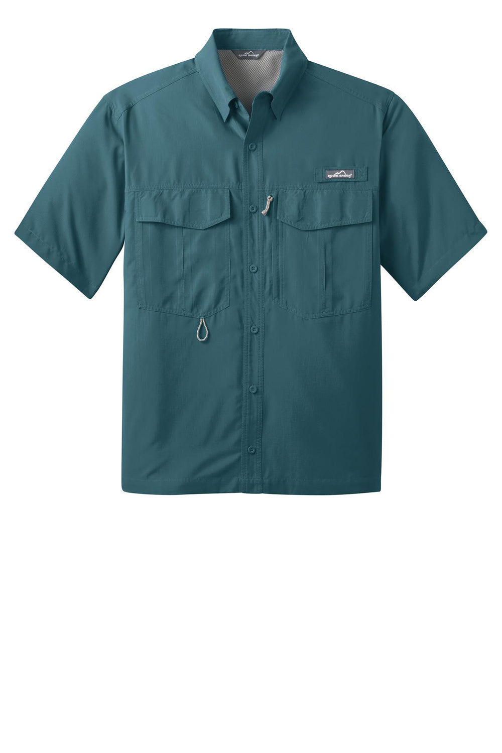 Eddie Bauer EB602 Mens Performance Fishing Moisture Wicking Short Sleeve Button Down Shirt w/ Double Pockets Gulf Teal Blue Flat Front