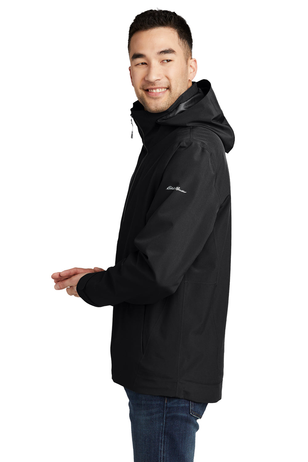 Eddie Bauer EB656 Mens WeatherEdge 3-in-1 Water Resistant Full Zip Hooded Jacket Black/Storm Grey Model Side
