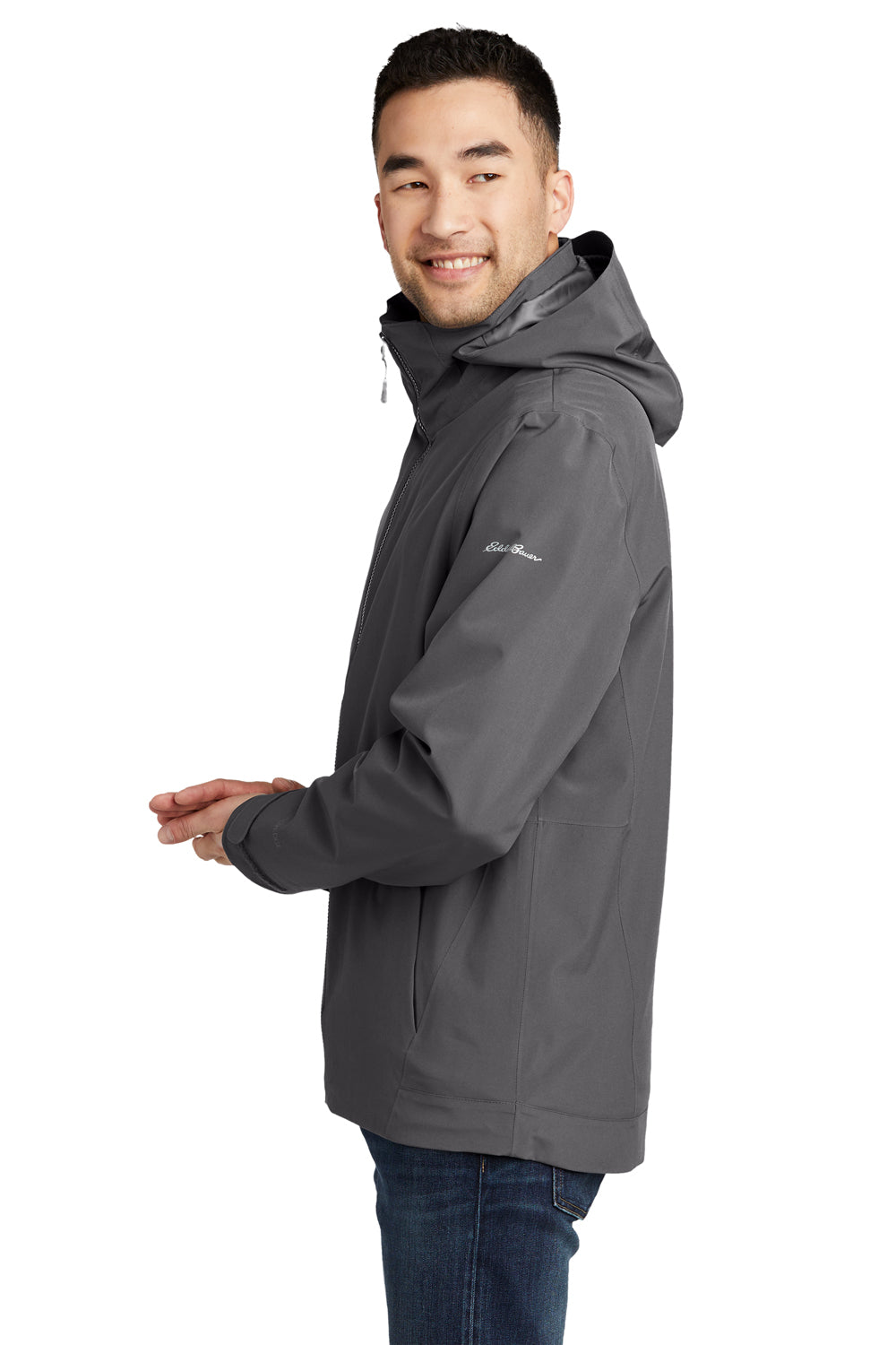 Eddie Bauer EB656 Mens WeatherEdge 3-in-1 Water Resistant Full Zip Hooded Jacket Steel Grey/Metal Grey Model Side