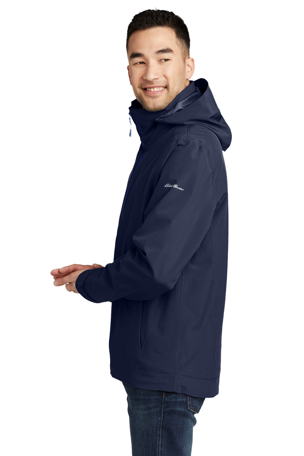 Eddie Bauer EB656 Mens WeatherEdge 3-in-1 Water Resistant Full Zip Hooded Jacket River Navy Blue/Cobalt Blue Model Side