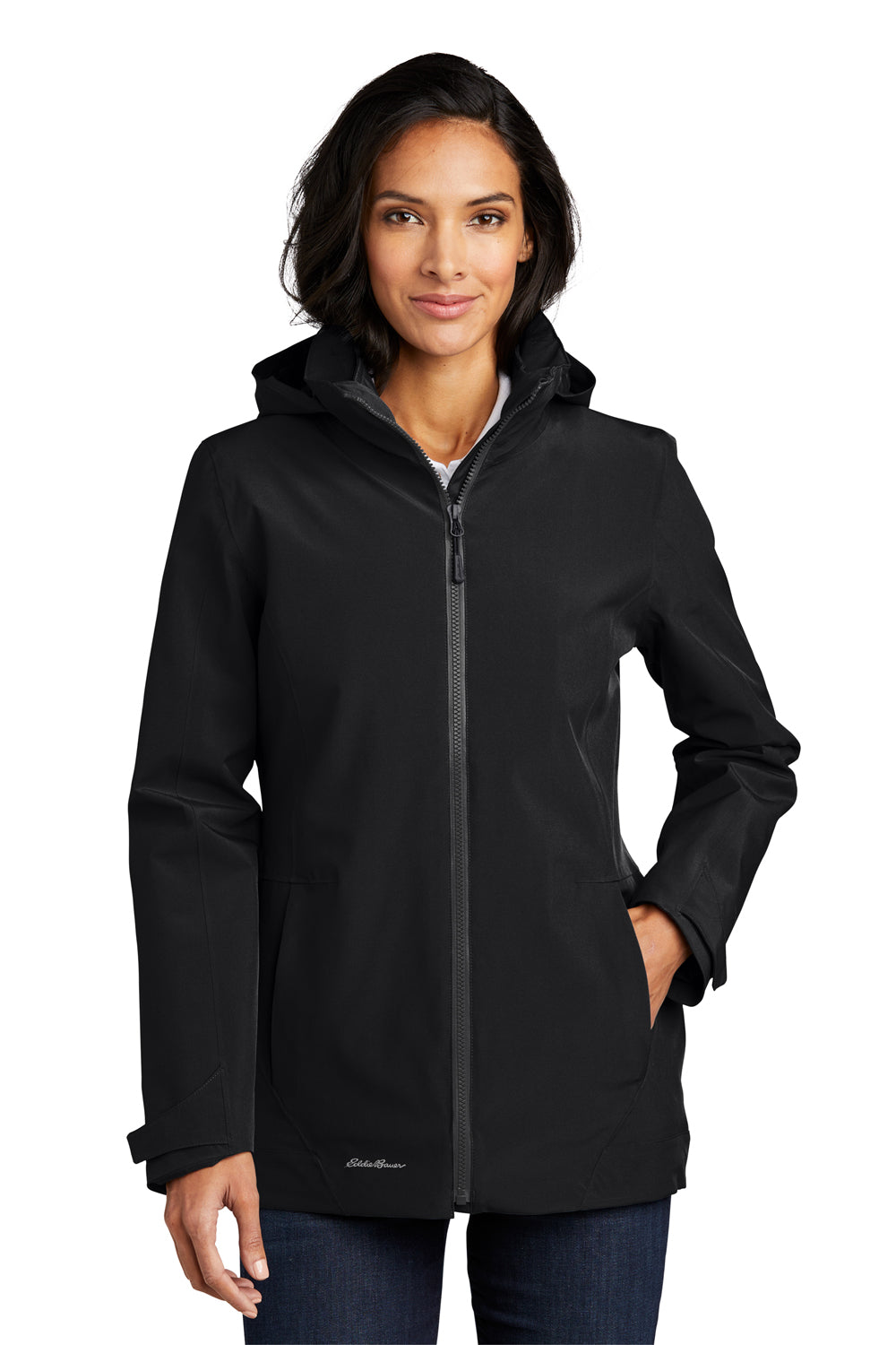 Eddie Bauer EB657 Womens WeatherEdge 3-in-1 Water Resistant Full Zip Hooded Jacket Black/Storm Grey Model Front