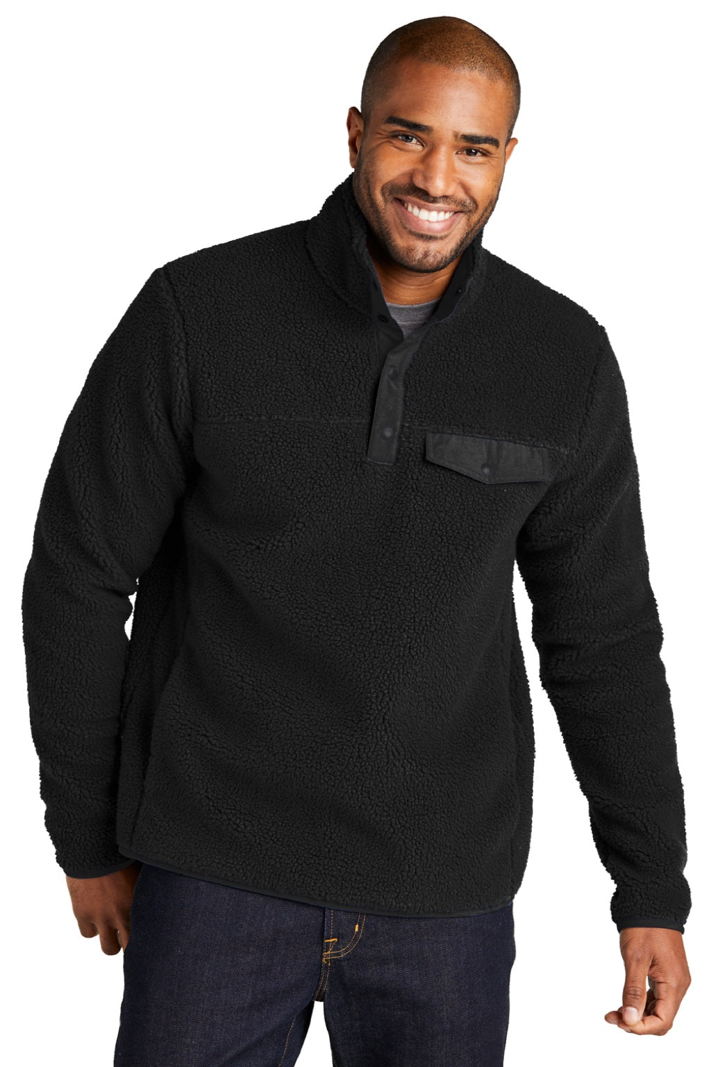 Port Authority F140 Mens Camp Fleece 1/4 Snap Sweatshirt w/ Pockets Deep Black Model Front