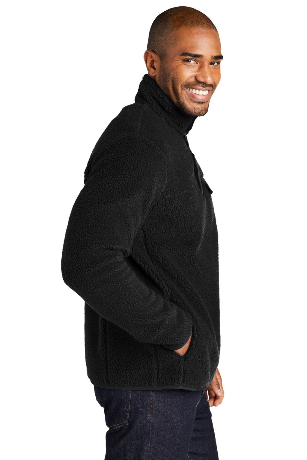 Port Authority F140 Mens Camp Fleece 1/4 Snap Sweatshirt w/ Pockets Deep Black Model Side