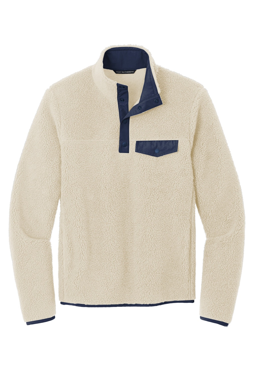 Port Authority F140 Mens Camp Fleece 1/4 Snap Sweatshirt w/ Pockets Oat/Dress Navy Blue Flat Front