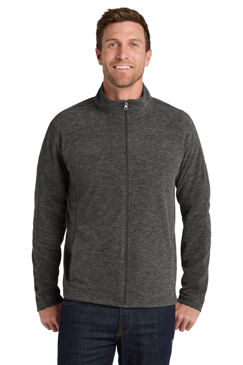 Port Authority F235 Mens Heather Pill Resistant Microfleece Full Zip Sweatshirt w/ Pockets Heather Charcoal Black Model Front