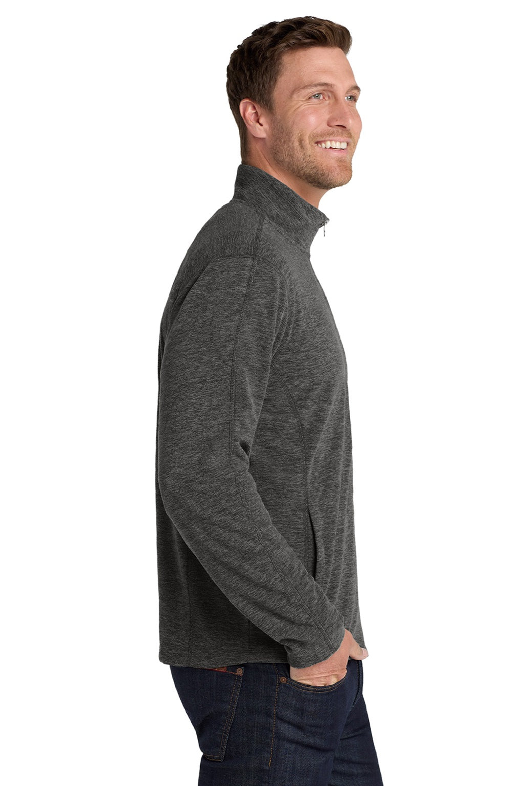 Port Authority F235 Mens Heather Pill Resistant Microfleece Full Zip Sweatshirt w/ Pockets Heather Charcoal Black Model Side