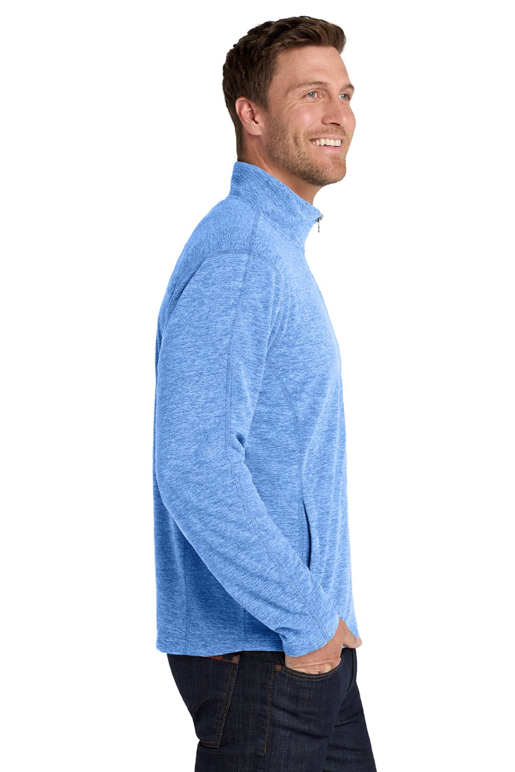 Port Authority F235 Mens Heather Pill Resistant Microfleece Full Zip Sweatshirt w/ Pockets Heather Light Royal Blue Model Side