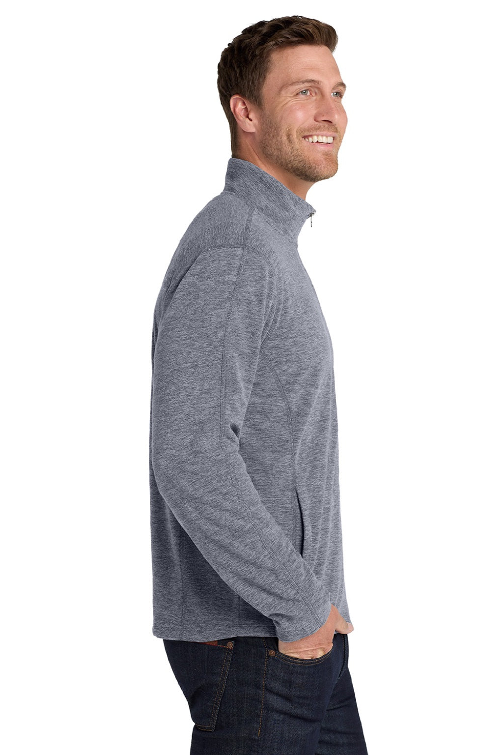 Port Authority F235 Mens Heather Pill Resistant Microfleece Full Zip Sweatshirt w/ Pockets Heather True Navy Blue Model Side
