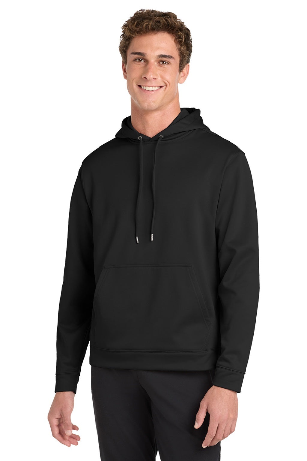 Sport-Tek F244 Mens Sport-Wick Moisture Wicking Fleece Hooded Sweatshirt Hoodie w/ Pouch Pocket Black Model Front